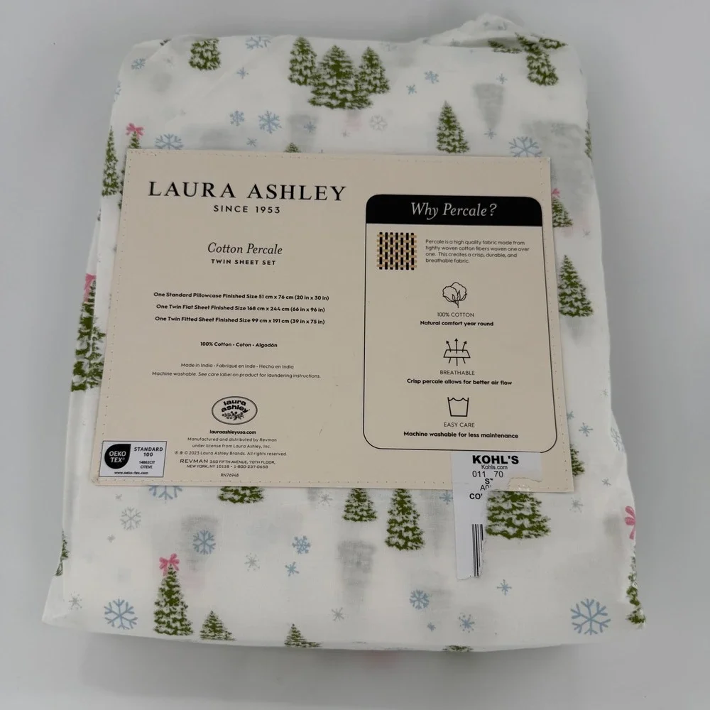 Laura Ashley Twin Sheet Set Cotton Percale Christmas Tree Snowflake White Green